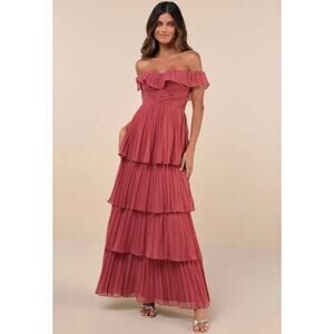 NWT Lulus Always Remarkable Rusty Rose Pleated Off-the-Shoulder Maxi Dress Sz 2X